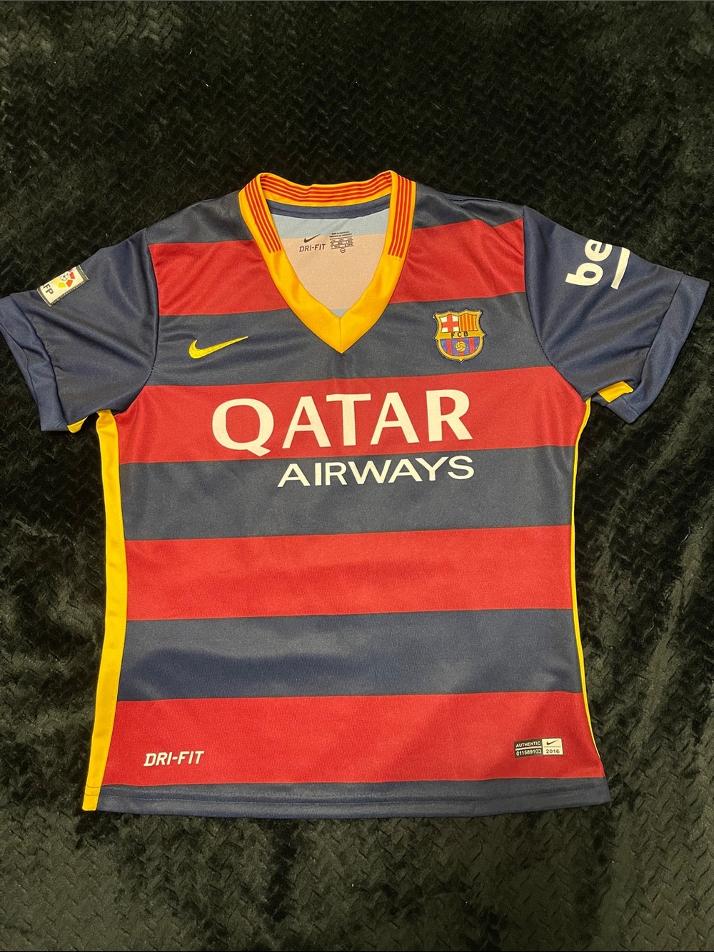 Nike Kids Barcelona Red, Navy & Yellow Qatar Airways Jersey